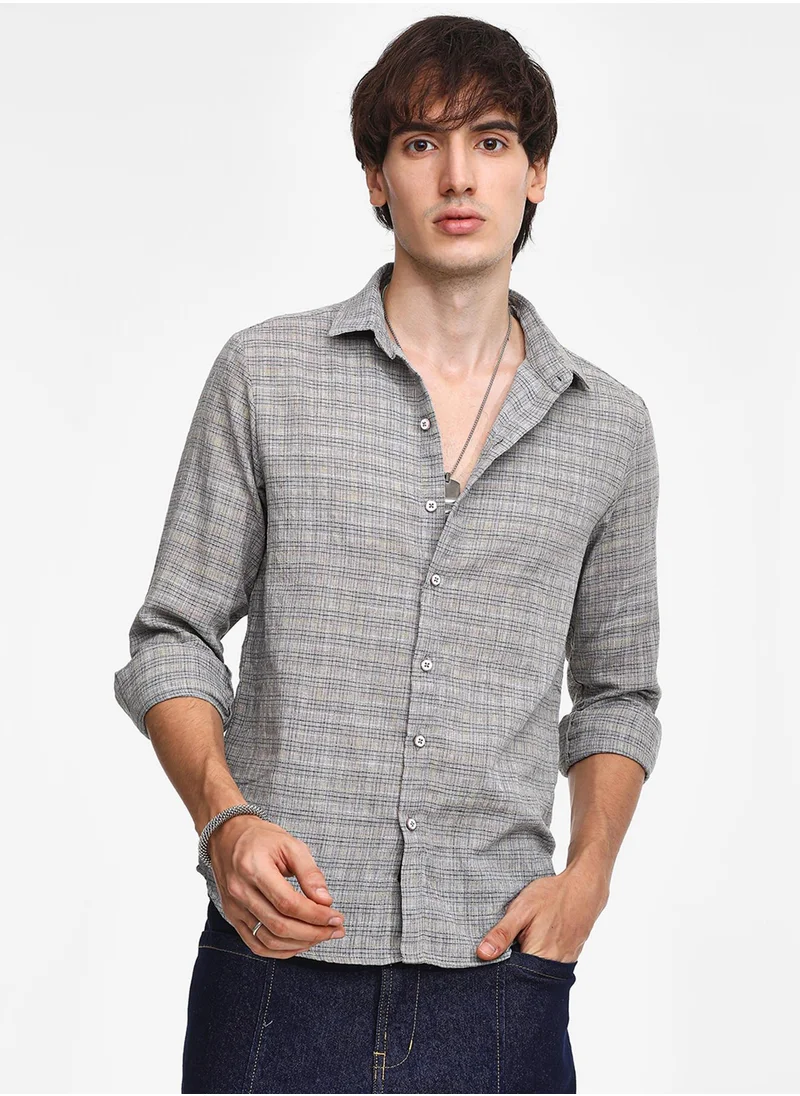 Campus Sutra Men's Ash Grey Micro-Tartan Plaid Shirt