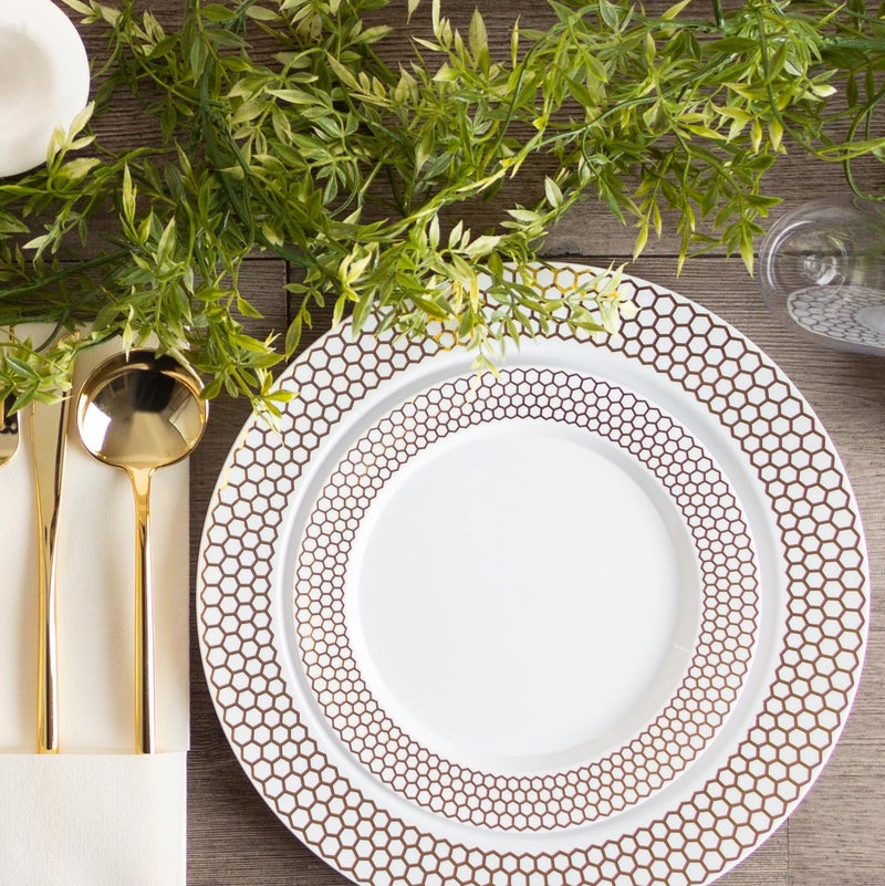 PLASTICPRO 64 Pack Elegant Disposable Plastic Plates Combo Set Includes 32 Dinner Plates and 32 Salad Plates Heavy Duty Fancy Party Plates White & Gold Honeycomb Design - Image 1