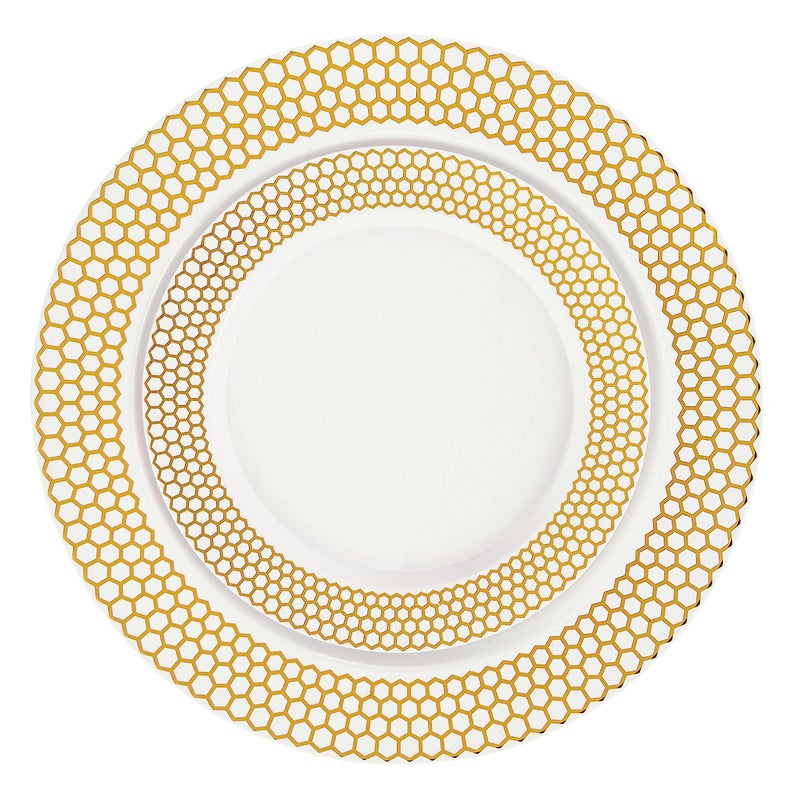 PLASTICPRO 64 Pack Elegant Disposable Plastic Plates Combo Set Includes 32 Dinner Plates and 32 Salad Plates Heavy Duty Fancy Party Plates White & Gold Honeycomb Design - Image 2