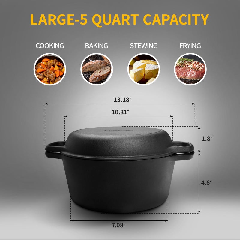 Edging Casting 2-In-1 Pre-Seasoned Cast Iron Dutch Oven Pot With Skillet Lid Cooking Pan Cast Iron Skillet Cookware Pan Set With Dual Handles Indoor Outdoor For Bread Frying Baking Camping Bbq 5Qt - Image 3