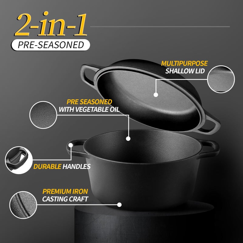 Edging Casting 2-In-1 Pre-Seasoned Cast Iron Dutch Oven Pot With Skillet Lid Cooking Pan Cast Iron Skillet Cookware Pan Set With Dual Handles Indoor Outdoor For Bread Frying Baking Camping Bbq 5Qt - Image 2