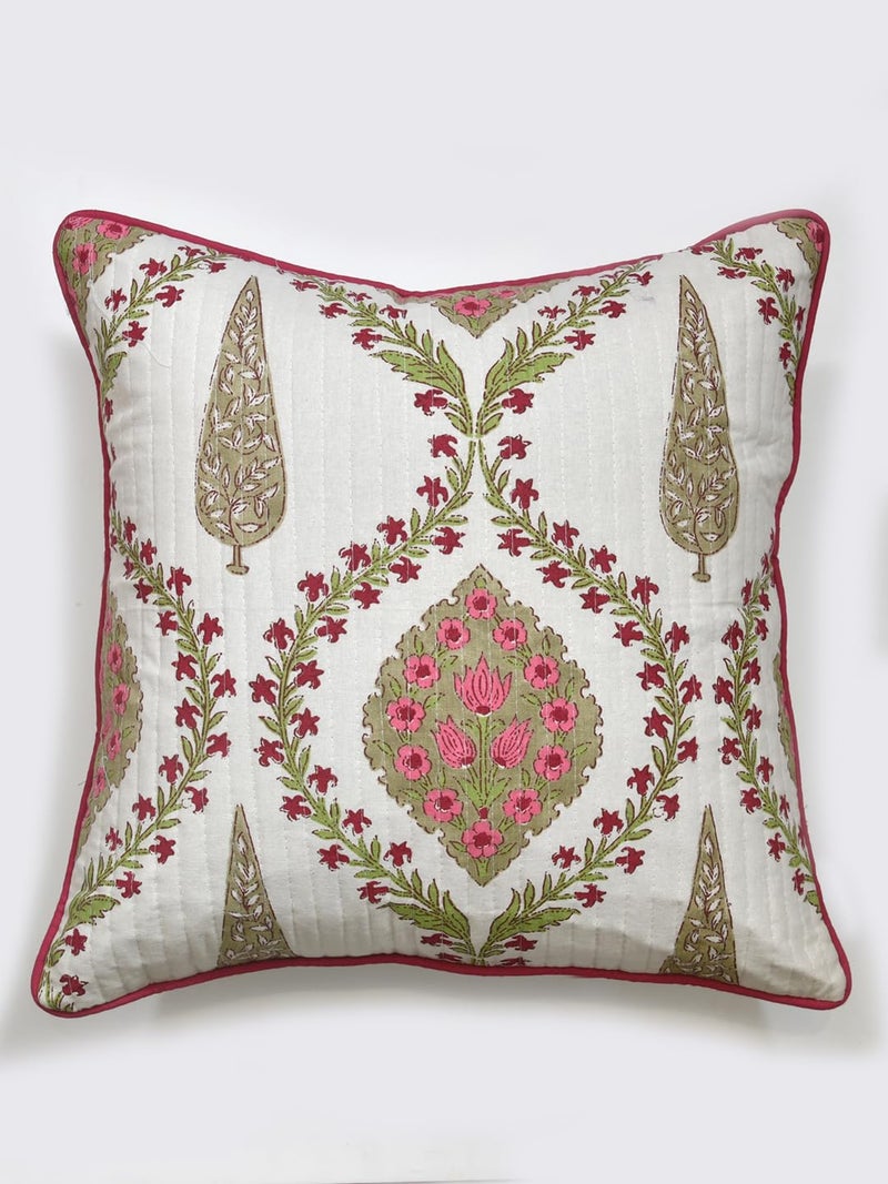 Clasiko Cotton Cushion Covers Set of 2; 16x16 Inches; Pink Beige Block Print - Image 5