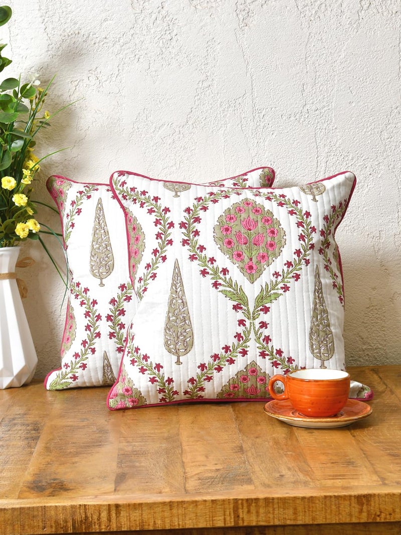 Clasiko Cotton Cushion Covers Set of 2; 16x16 Inches; Pink Beige Block Print - Image 1