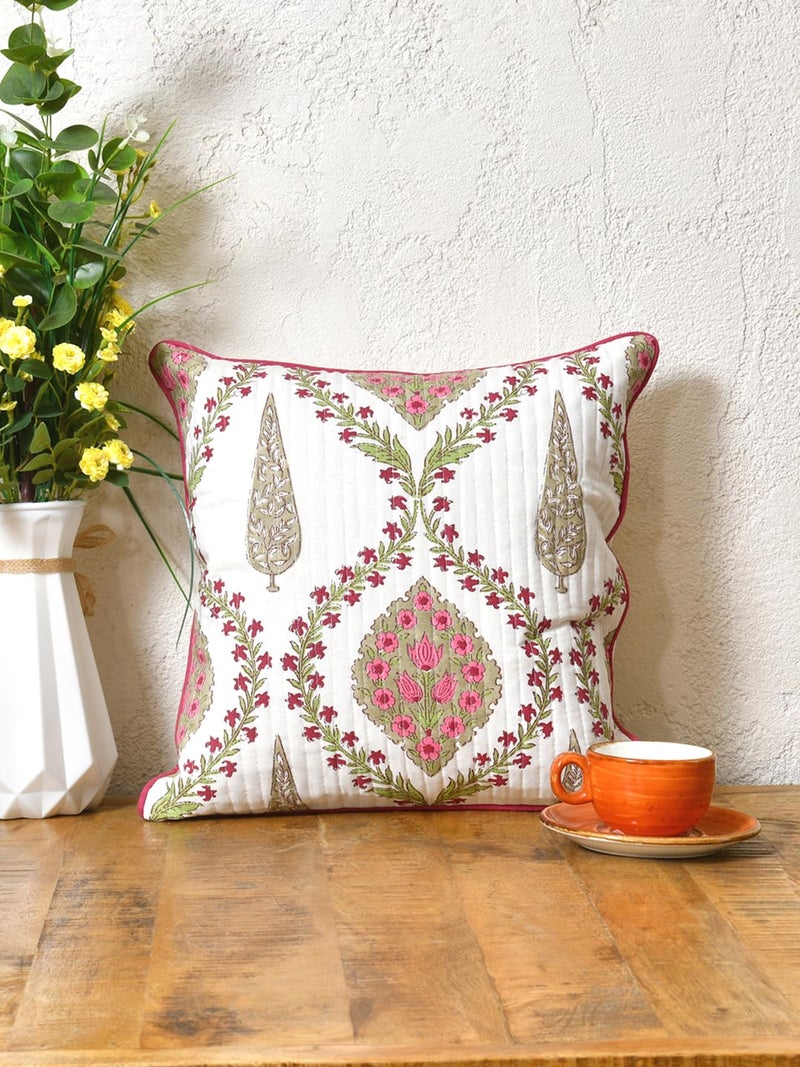 Clasiko Cotton Cushion Covers Set of 2; 16x16 Inches; Pink Beige Block Print - Image 3