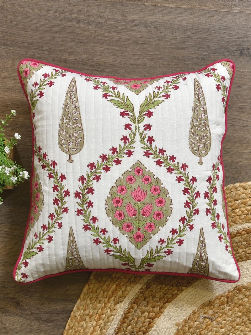 Clasiko Cotton Cushion Covers Set of 2; 16x16 Inches; Pink Beige Block Print - Image 4