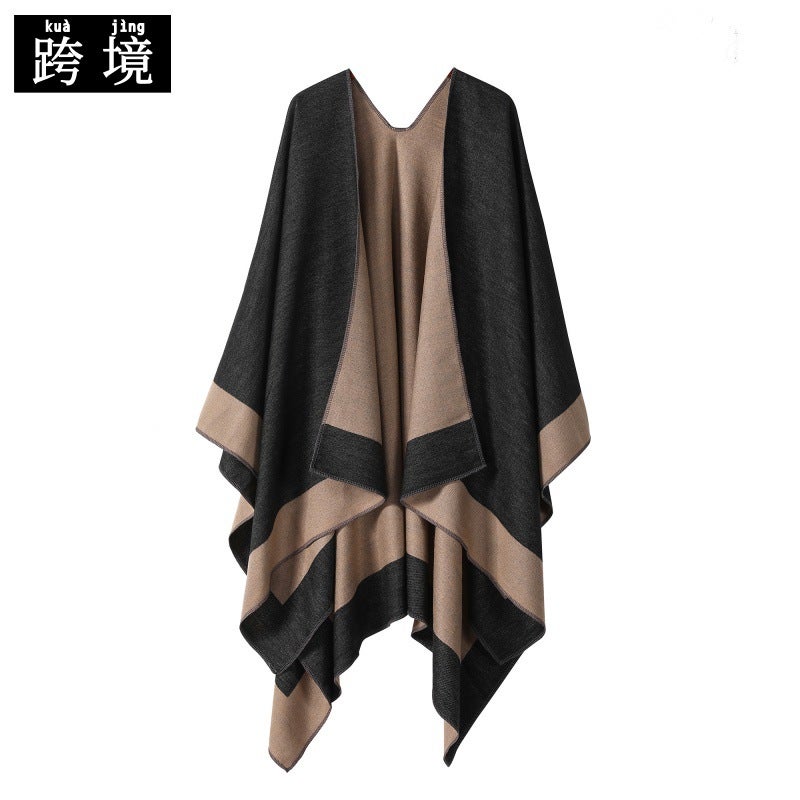 Solid Color Knitted Shawl with Color Block Border - Image 1