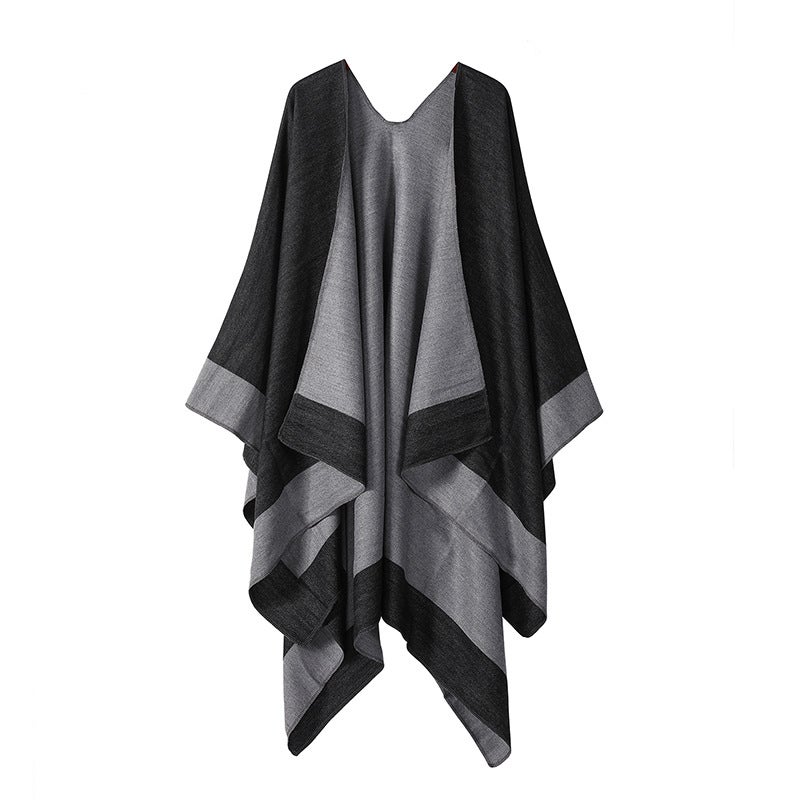 Solid Color Knitted Shawl with Color Block Border - Image 5