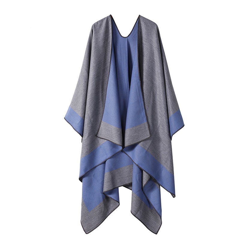 Solid Color Knitted Shawl with Color Block Border - Image 3