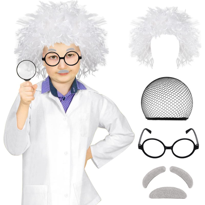 Haysandy Kids Mad Scientist Costume Halloween Crazy Mad Scientist Wig Lab Coat Glasses Mustache for Halloween Cosplay 7T