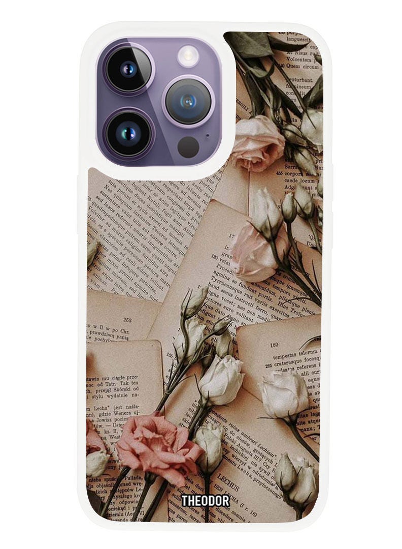 Theodor Protective Case Anti Scratch Shock Proof Cover For APPLE IPHONE 14 PRO MAX Books and Flowers (White Bumper) - Image 1