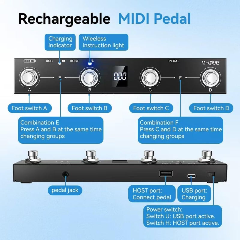 وحدة تحكم M-VAVE Chocolate Plus MIDI اللاسلكية القابلة للبرمجة مع 4 أزرار، وحدة تحكم MIDي قدمية محمولة قابلة لإعادة الشحن - Image 4