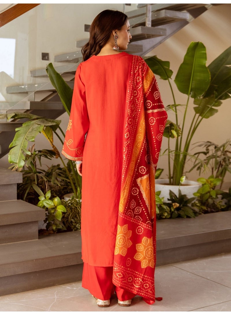 Ameya Red-embroidered-silk-blend-straight-kurta-palazzos-with-dupatta - Image 4