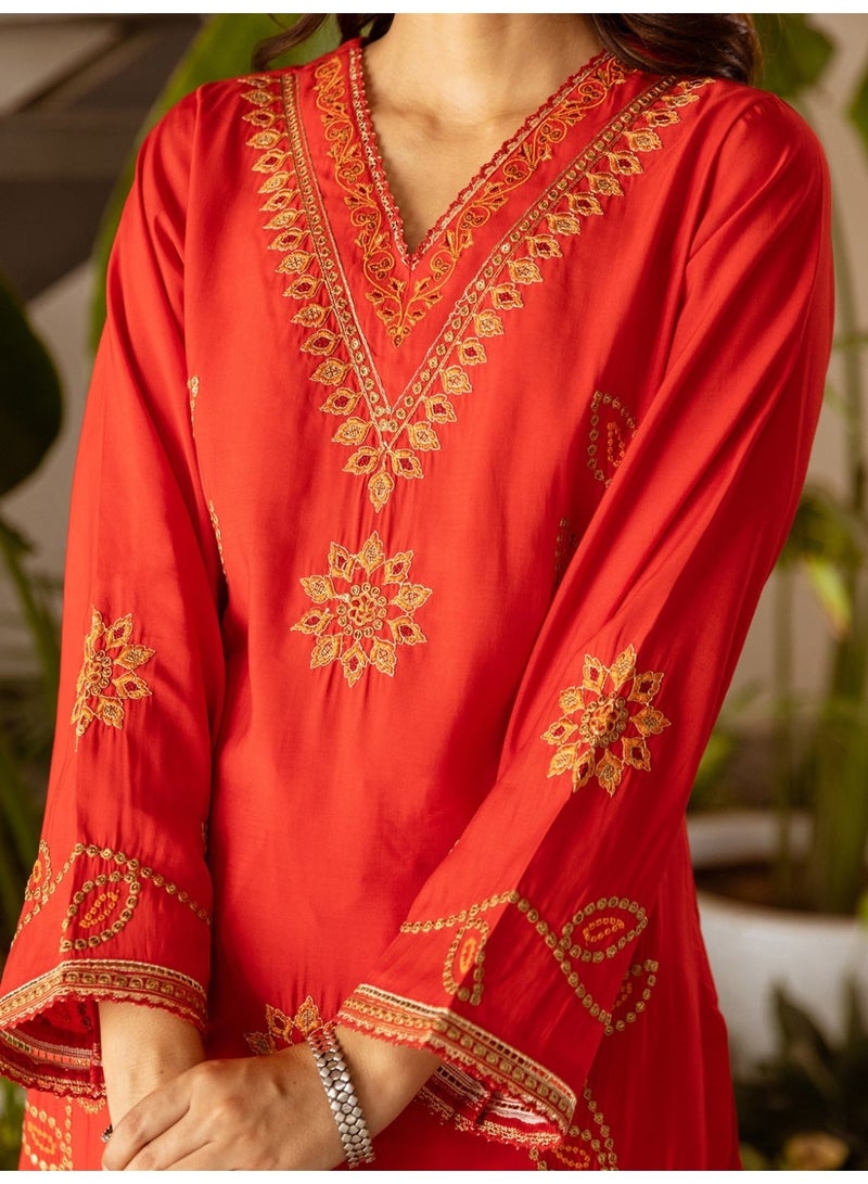 Ameya Red-embroidered-silk-blend-straight-kurta-palazzos-with-dupatta - Image 3