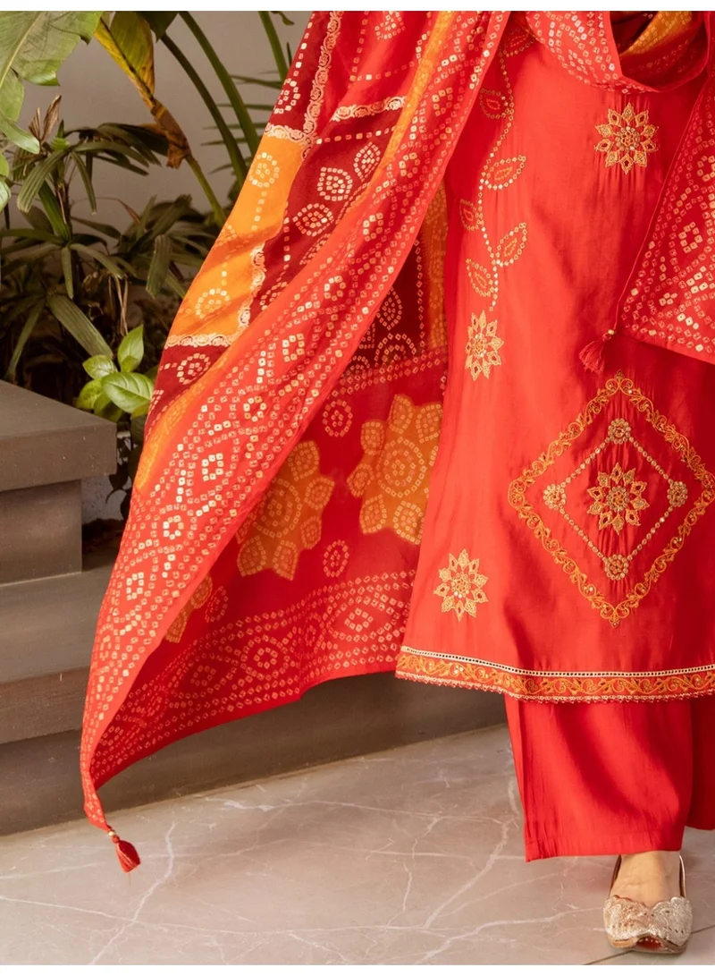 Ameya Red-embroidered-silk-blend-straight-kurta-palazzos-with-dupatta