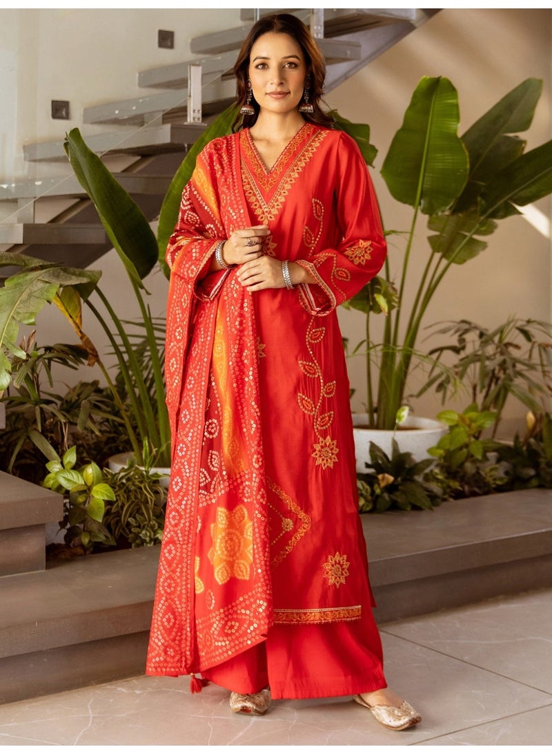 Ameya Red-embroidered-silk-blend-straight-kurta-palazzos-with-dupatta - Image 1