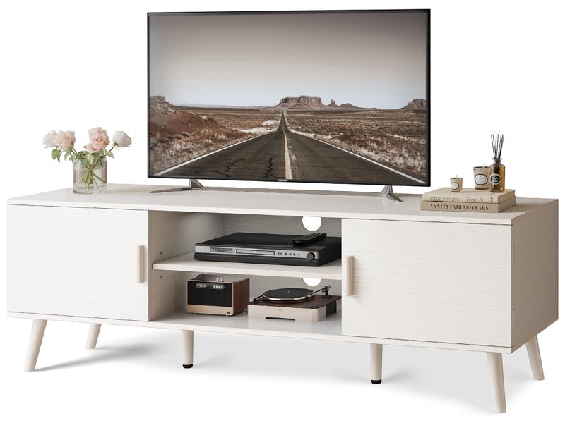 SUPERJARE TV Stand for 55 Inch TV Entertainment Center with Adjustable Shelf 2 Cabinets TV Console Table Media Console Solid Wood Feet Cord Holes for Living Room Bedroom White