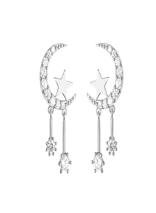 Reffeer 925 Sterling Silver Crescent Moon Star Earrings Studs for Women Teen Girls CZ Moon Studs Earrings Star Tassel Earrings (A-Silver) - Image 1