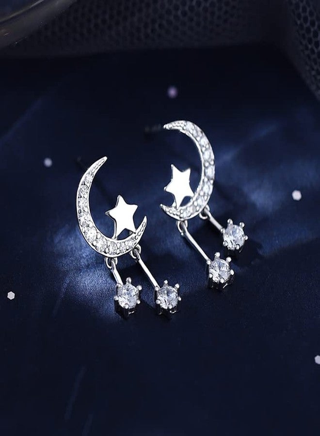 Reffeer 925 Sterling Silver Crescent Moon Star Earrings Studs for Women Teen Girls CZ Moon Studs Earrings Star Tassel Earrings (A-Silver) - Image 2
