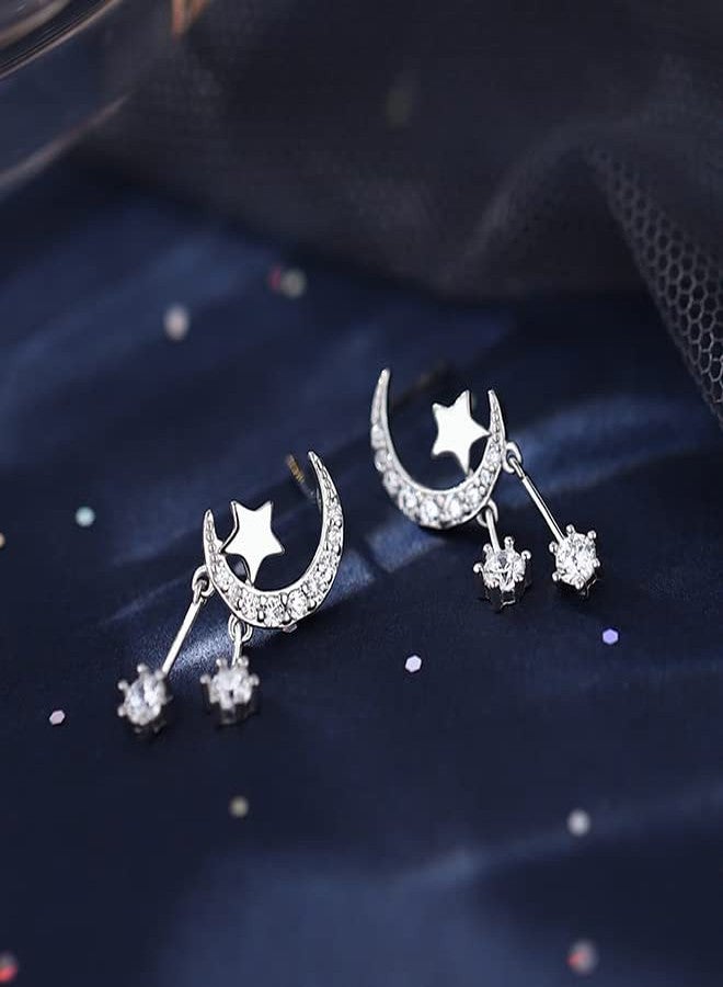 Reffeer 925 Sterling Silver Crescent Moon Star Earrings Studs for Women Teen Girls CZ Moon Studs Earrings Star Tassel Earrings (A-Silver) - Image 3