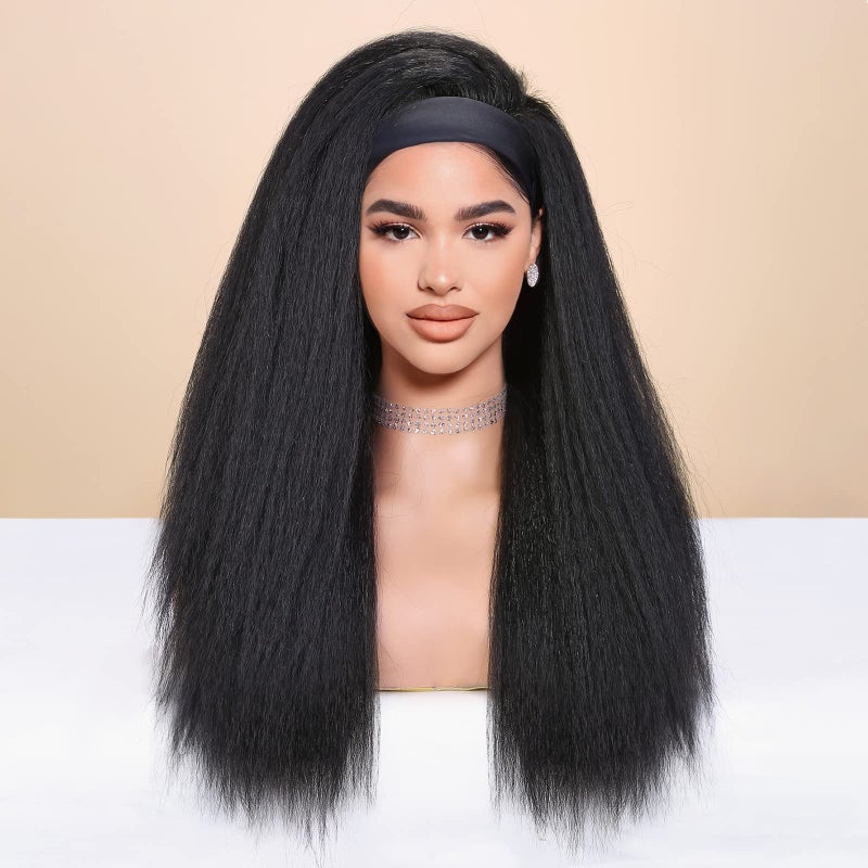 WIGNEE Kinky Straight Headband Wig for Women, 22 Inches, Yaki Straight Wigs with Black Headband, Synthetic Hair, Easy to Style, No Lace Front, No Glue - Image 2
