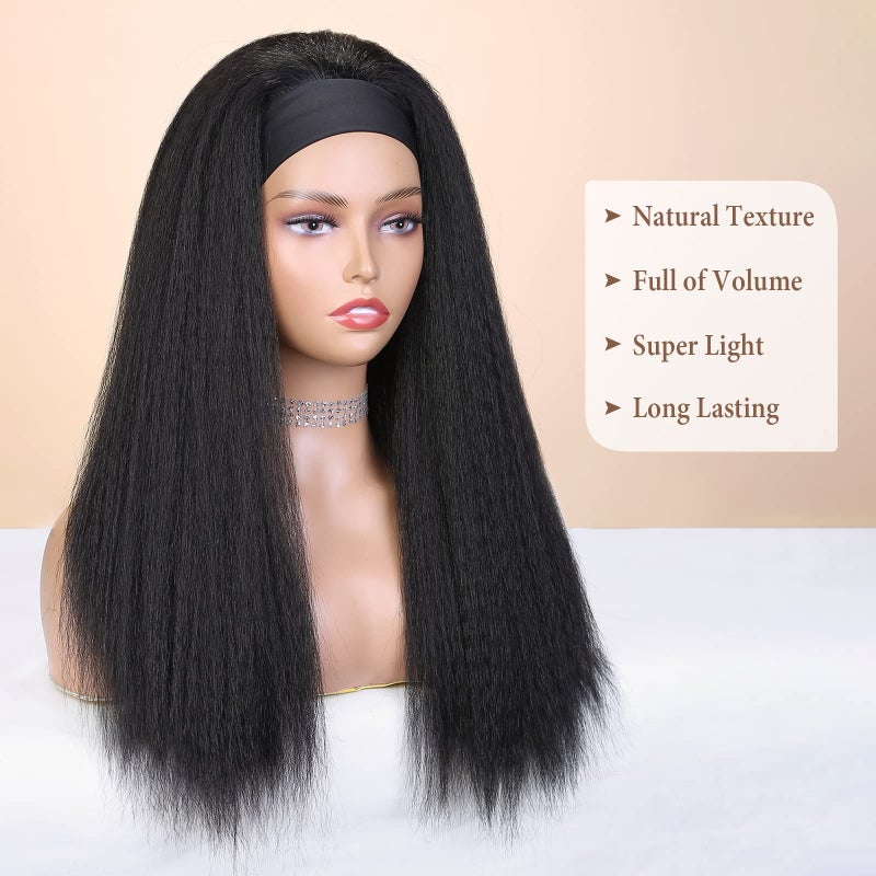 WIGNEE Kinky Straight Headband Wig for Women, 22 Inches, Yaki Straight Wigs with Black Headband, Synthetic Hair, Easy to Style, No Lace Front, No Glue - Image 5