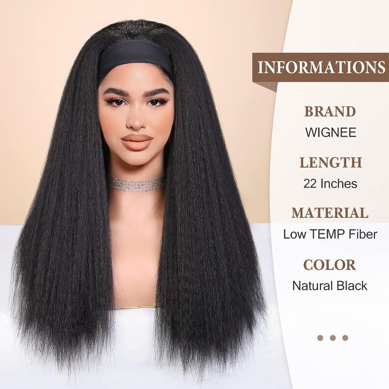 WIGNEE Kinky Straight Headband Wig for Women, 22 Inches, Yaki Straight Wigs with Black Headband, Synthetic Hair, Easy to Style, No Lace Front, No Glue - Image 3