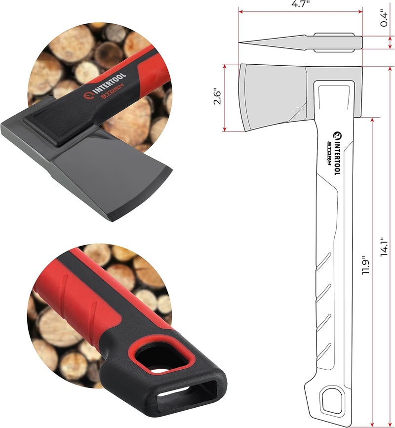 INTERTOOL Hatchet Lightweight for Camp Firewood Splitting & Kindling - Small 14" Wood Chopping Axe with Shock Absorbing Anti-Slip Handle & Sheath - Ax for Outdoor, Hiking, and Gardening - HT08-0291 - Image 3