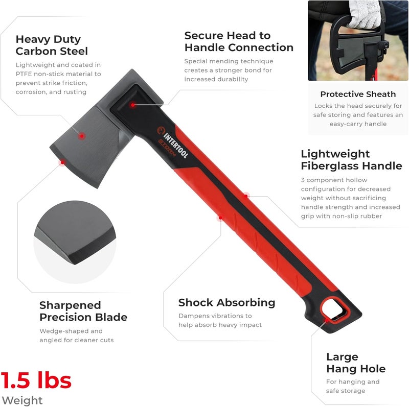 INTERTOOL Hatchet Lightweight for Camp Firewood Splitting & Kindling - Small 14" Wood Chopping Axe with Shock Absorbing Anti-Slip Handle & Sheath - Ax for Outdoor, Hiking, and Gardening - HT08-0291 - Image 2