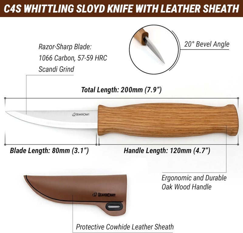 BeaverCraft Wood Carving Sloyd Knife C4s 3" - Whittling Knife with Leather Sheath for Carvers - Chip Wood Carving Tools for Beginner and Profi - Image 2