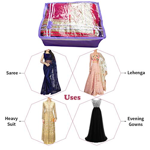 DIKHAWA Non Woven Transparent Top Saree Cover Bag, Cloth Cover Set for Storage with Zip (Set of 9_Purple_43X33X18CM) - Image 4