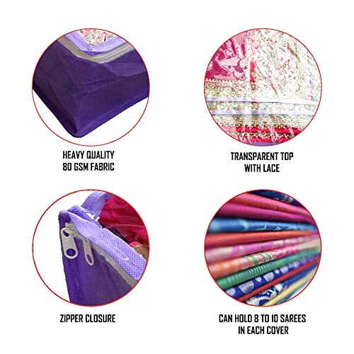 DIKHAWA Non Woven Transparent Top Saree Cover Bag, Cloth Cover Set for Storage with Zip (Set of 9_Purple_43X33X18CM) - Image 3