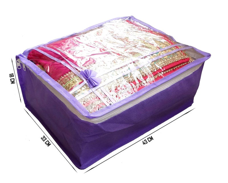 DIKHAWA Non Woven Transparent Top Saree Cover Bag, Cloth Cover Set for Storage with Zip (Set of 9_Purple_43X33X18CM) - Image 2