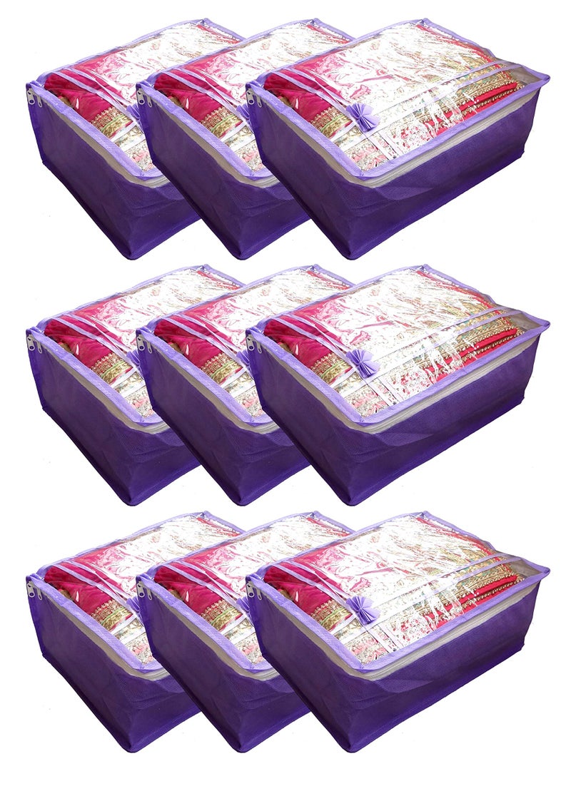 DIKHAWA Non Woven Transparent Top Saree Cover Bag, Cloth Cover Set for Storage with Zip (Set of 9_Purple_43X33X18CM) - Image 1