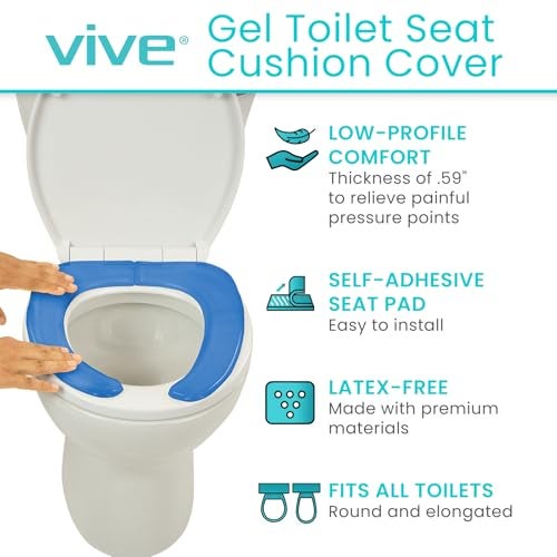 Vive Gel Toilet Seat Cushion Cover Raised Padded Riser Cushion for Elongated Standard and Commode Chairs Seat Warmer Pressure Pain Relief Comfort Adhesive Donut Pad for Elderly Seniors Blue - Image 3