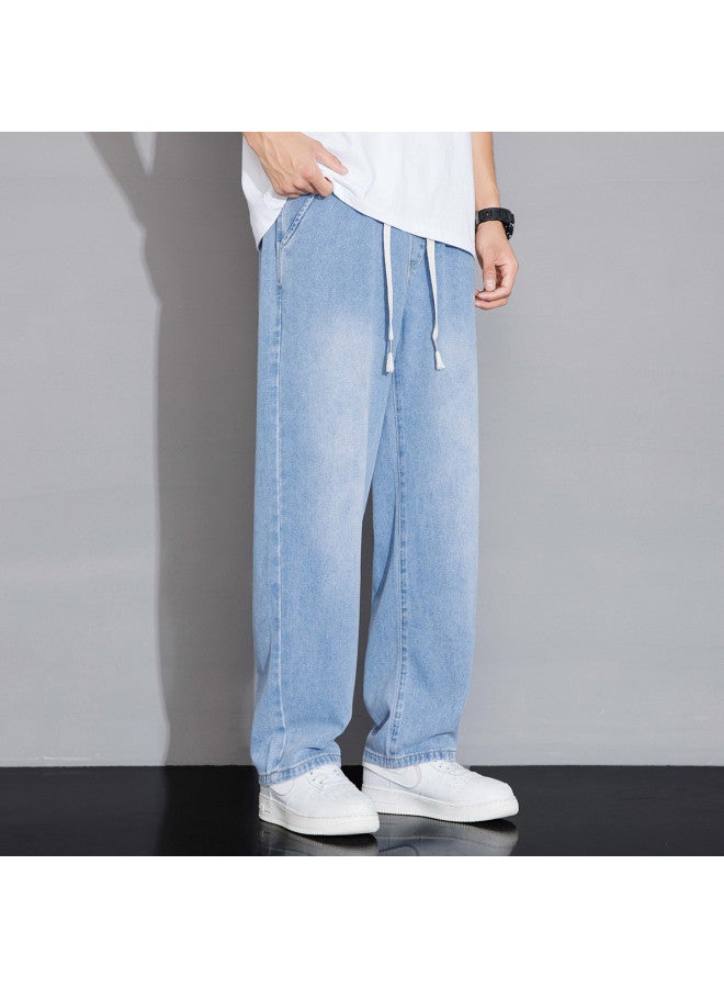 TonLion Men's Casual Jeans For Spring And Autumn - Korean Loose Fit Drawstring Wide Leg Pants With Elastic Waist In Solid Colors - Image 4