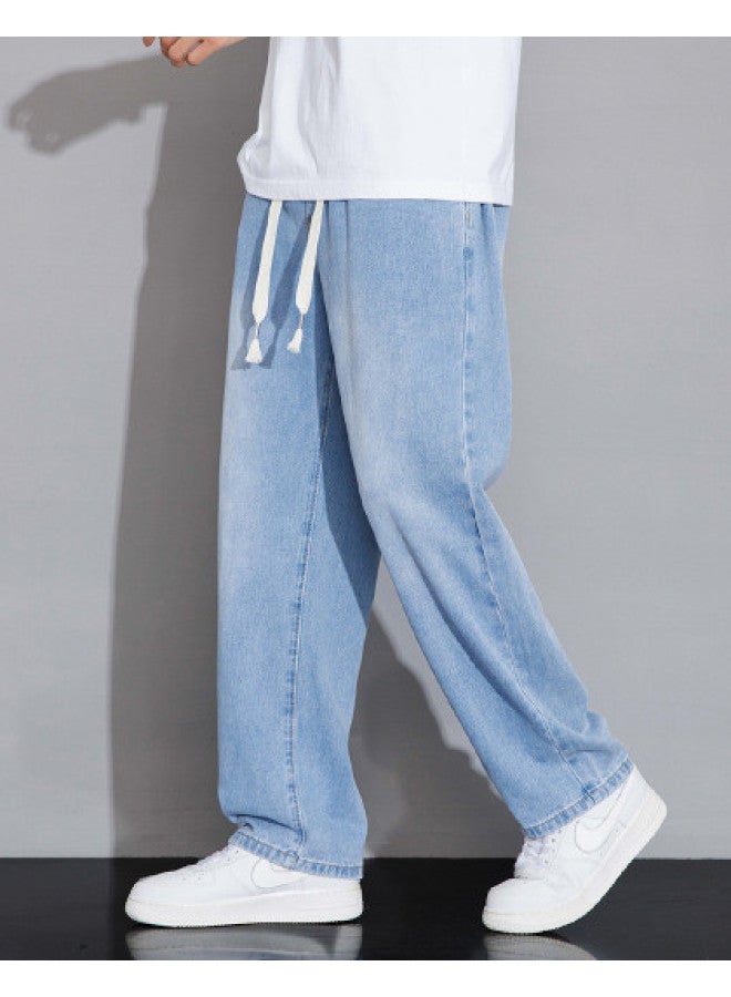TonLion Men's Casual Jeans For Spring And Autumn - Korean Loose Fit Drawstring Wide Leg Pants With Elastic Waist In Solid Colors - Image 1