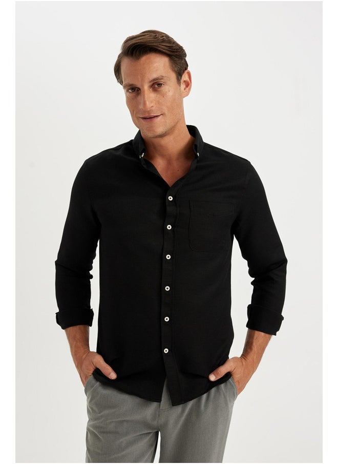 DeFacto قميص بولو رجالي منسوج بقصّة Slim Fit وأزرار وأكمام طويلة  - Image 5