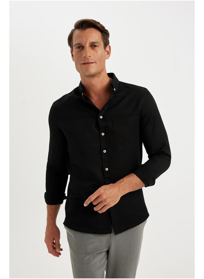 DeFacto قميص بولو رجالي منسوج بقصّة Slim Fit وأزرار وأكمام طويلة  - Image 4