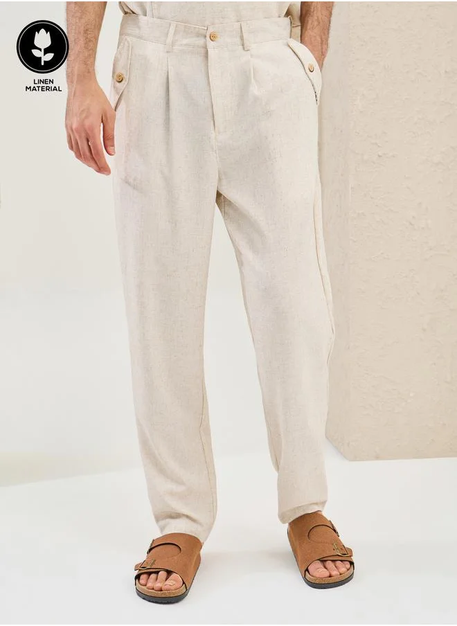 Styli Plain Linen Blend Tapered Fit Trousers with Pocket
