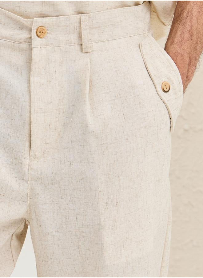 Styli Plain Linen Blend Tapered Fit Trousers with Pocket  - Image 3