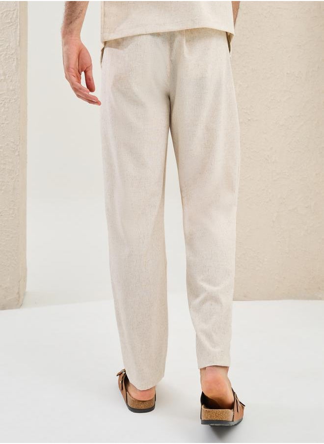 Styli Plain Linen Blend Tapered Fit Trousers with Pocket  - Image 4