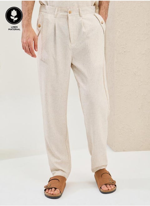 Plain Linen Blend Tapered Fit Trousers with Pocket