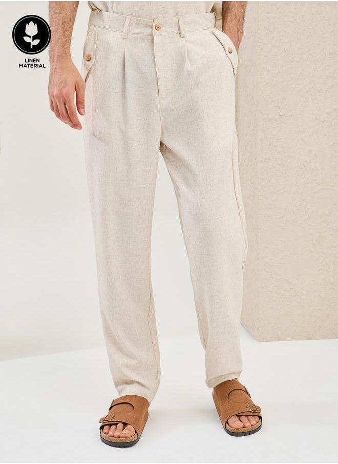 Styli Plain Linen Blend Tapered Fit Trousers with Pocket  - Image 1