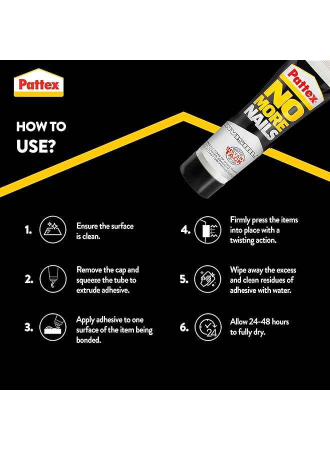 Pattex No More Nails Invisible Heavy Duty Clear Glue Strong Glue For Wood Ceramic Metal And More Instant Grab Mounting Adhesive 1X40G Tube - Image 3