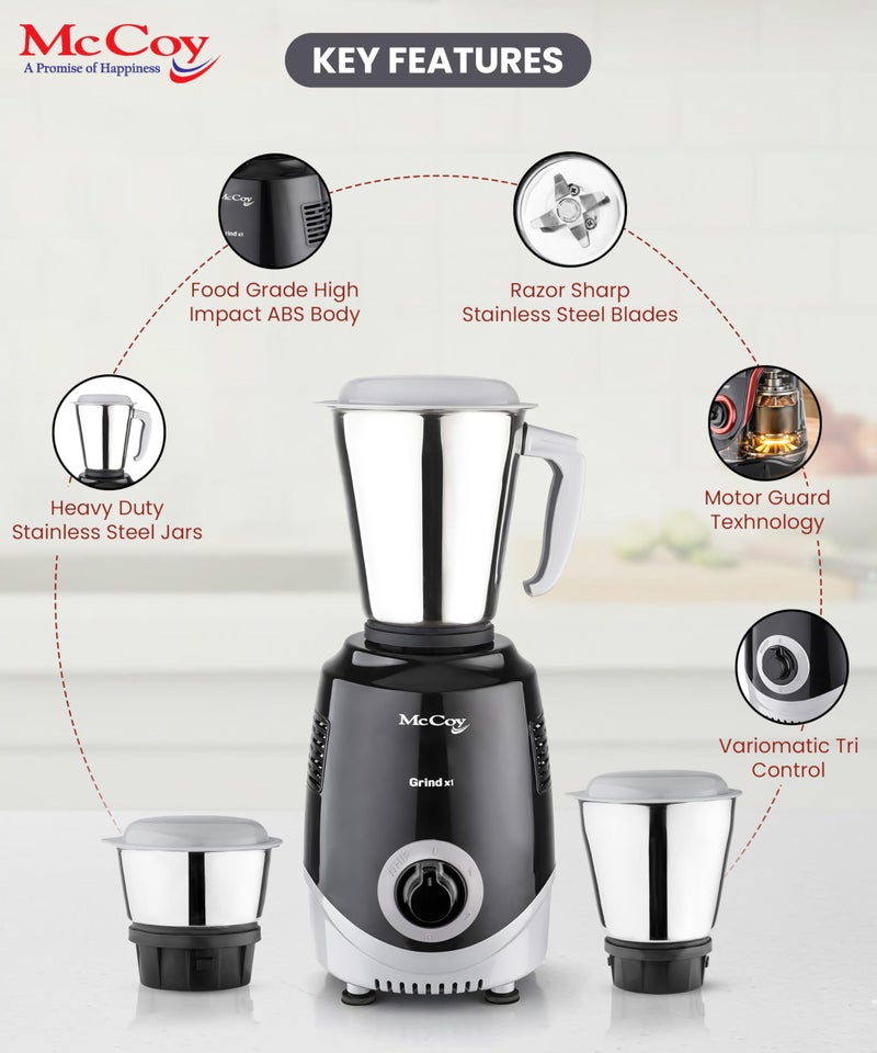 McCoy Mixer Grinder | Grind X1 500W with 3 SS jars | Longer life Universal Hybrid Motor | ABS Body | Uniform Grinding | Black & Grey - Image 4