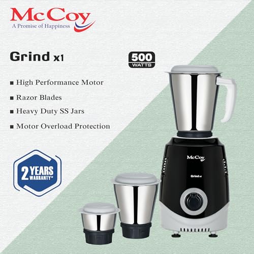 McCoy Mixer Grinder | Grind X1 500W with 3 SS jars | Longer life Universal Hybrid Motor | ABS Body | Uniform Grinding | Black & Grey - Image 5