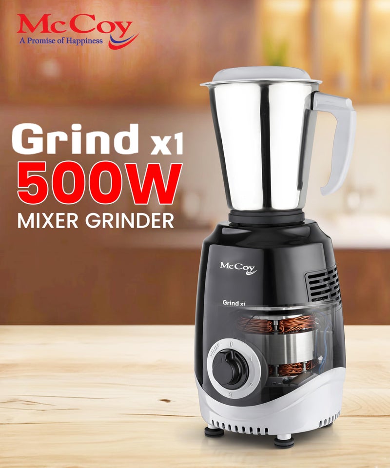McCoy Mixer Grinder | Grind X1 500W with 3 SS jars | Longer life Universal Hybrid Motor | ABS Body | Uniform Grinding | Black & Grey - Image 3