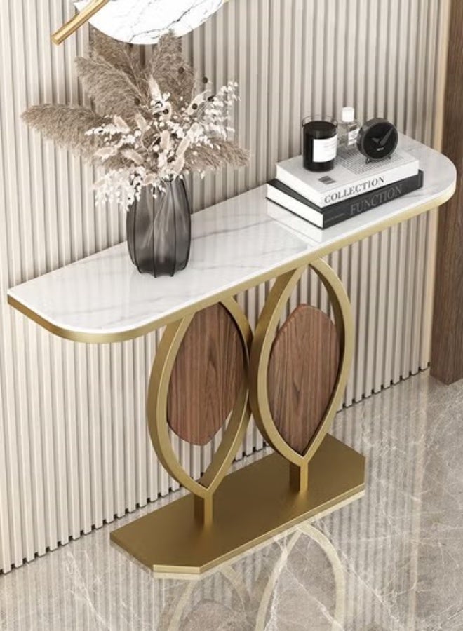 fashionhome Modern Design Rustproof Rock Slab Console Table White Curved Shape Tabletop Sintered Stone Entryway Table Display Table Leaf Design Metal Frame Pedestal for Foyer Living Room Home Offices 100x30x80 cm - Image 4