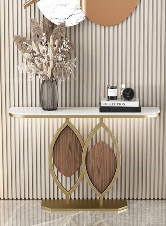 fashionhome Modern Design Rustproof Rock Slab Console Table White Curved Shape Tabletop Sintered Stone Entryway Table Display Table Leaf Design Metal Frame Pedestal for Foyer Living Room Home Offices 100x30x80 cm - Image 3