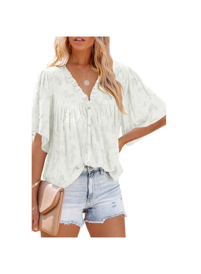 VUELO Summer New V-neck Cardigan Half Sleeve Chiffon Shirt European And American Women's Fashion Solid Color Top Women